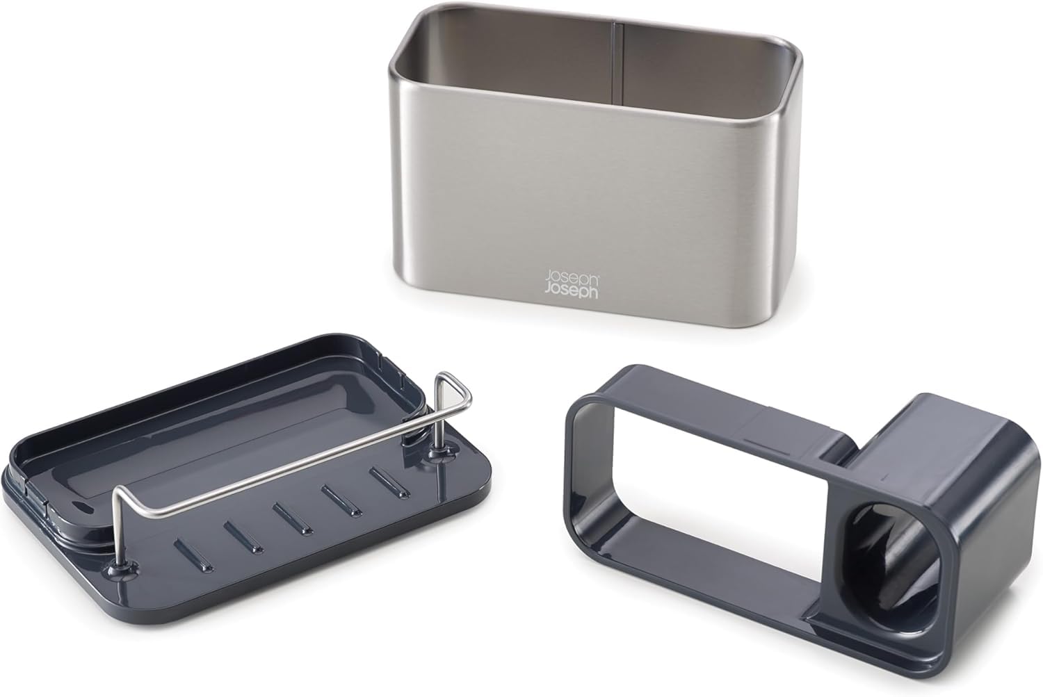 Joseph Joseph 85112 Surface Sink Caddy Stainless Steel Sponge Holder Organizer Tidy Drains Water for Kitchen  Large  Grey