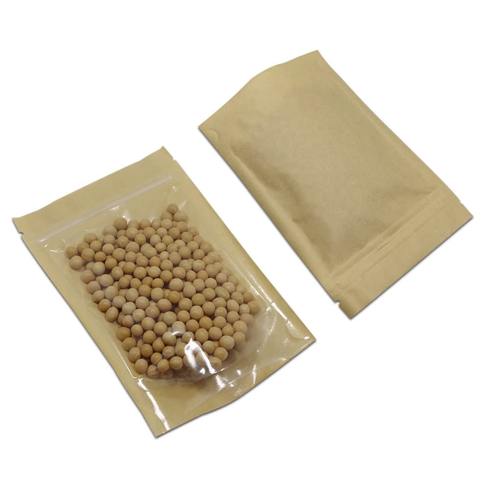 Ferenli 50 Pcs Clear Fornt Brown Kraft Paper For Zip Plastic Package Lock Bag Doypack Stand Up Pouch Zipper Lock Reclosable Pouc