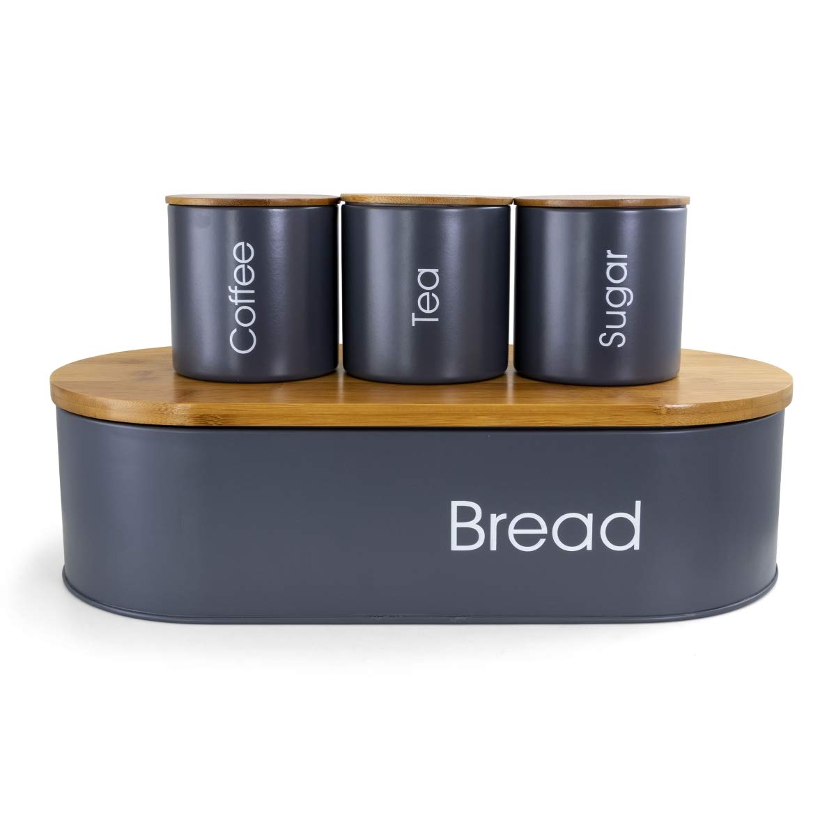Megachef Mg-317 Bamboo Kitchen Countertop Metal Bread Basket & Canister Set In Gray With Lid - 4 Piece