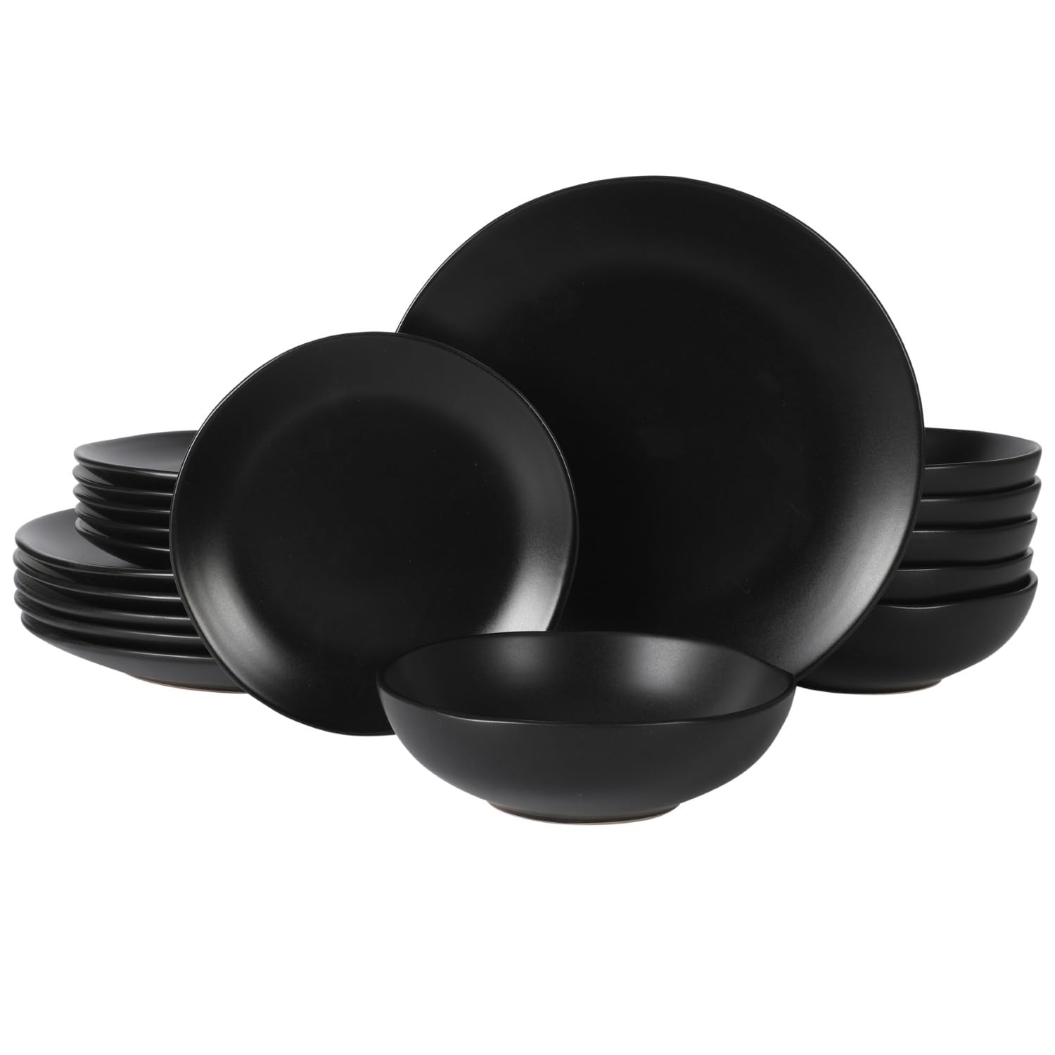 Gibson Home Bethel 18 Piece Plates and Bowls Ceramic Stoneware Organic Shape Dinnerware Set (Service for 6) - Matte Black