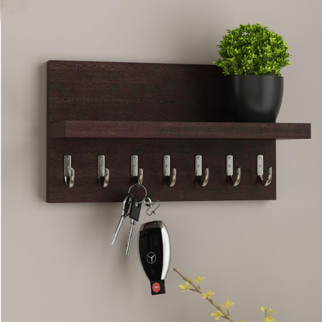 Handwoody Wooden Key Stand for Wall | Key Holder for Home | Key Hanger in Walnut Color