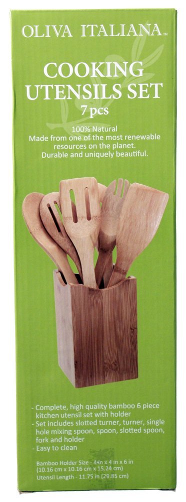 Oliva Italiana 7 Pc. Bamboo Kitchen Utensil Set W Holder, Eco-Friendly, 100% Organic Bamboo, Wooden Utensils, With Ergonomic Han