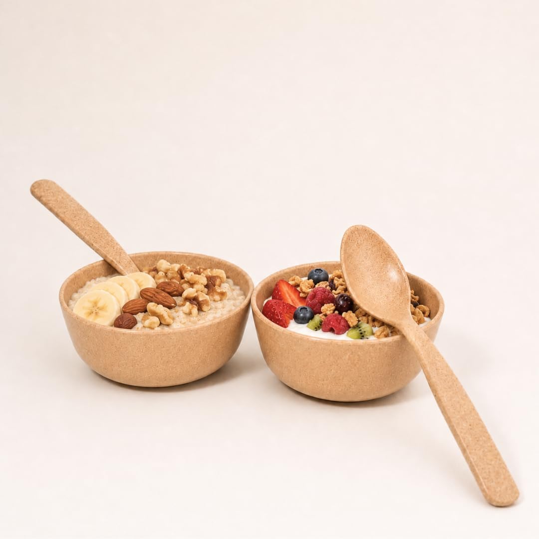 Pacing Grass Soup Bowl With Spoon Set Of 2, 300 Ml Microwave Safe Bamboo Dinner Bowl & Spoons, Reusable EcoFriendly Bamboo Bio