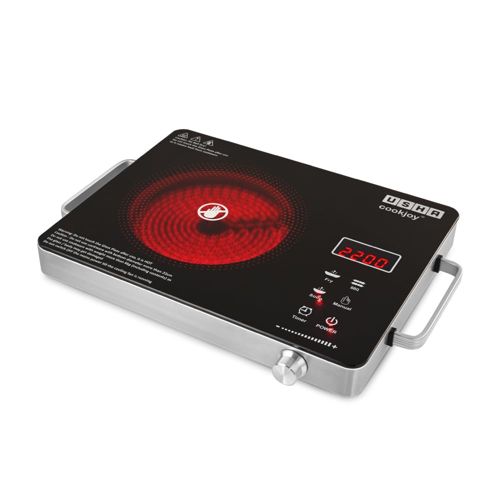 Usha Ir2200Tcb Infrared Induction Cooktop With Grill | 2200 Watts | 11 Power Level | 4 Preset Menu | Feather Touch Controls | Di