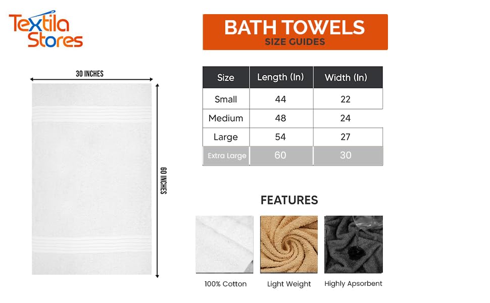 Textila 100% Cotton Extra Large Bath Towels - 30X60 (4-Pack, White) - Highly Absorbent, Super Soft, And Luxurious For Bathroom,