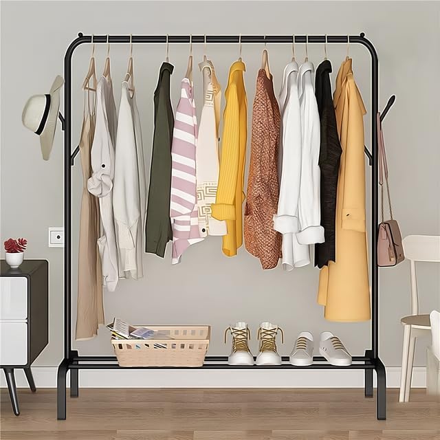 Lukzer Versatile Cloth Stand: Freestanding Metal Garment Rack With Bottom Shelves And Coat Hanger  Perfect Storage Organizer (Bl