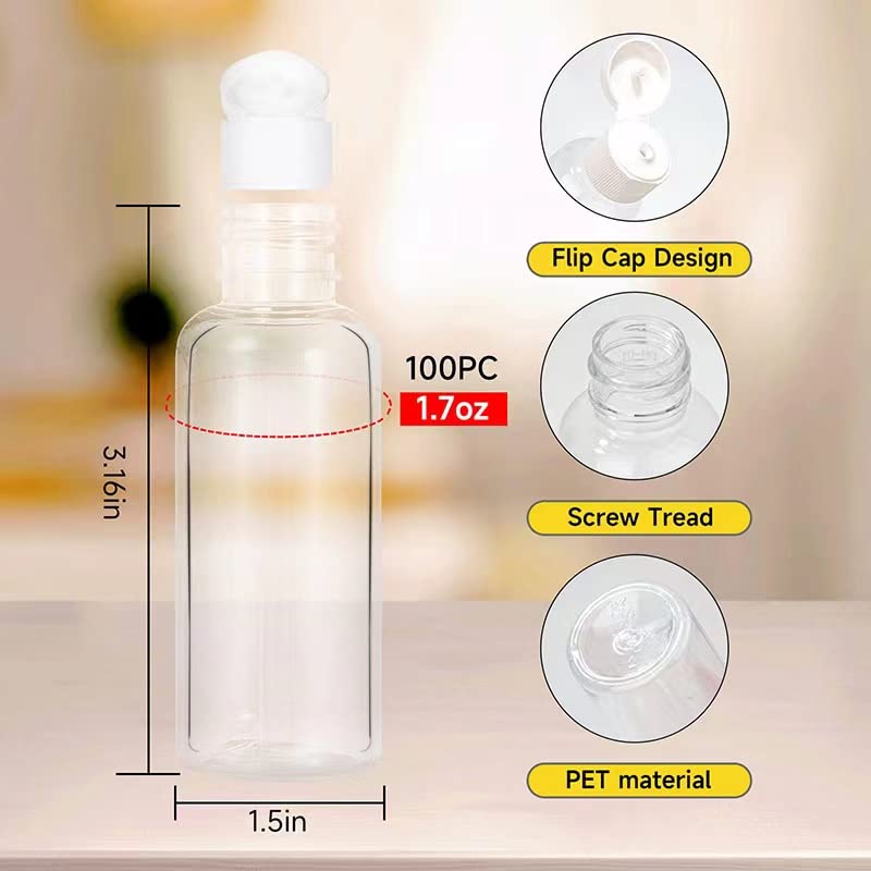50 Pack 1.7Oz/50Ml Travel Plastic Empty Bottles Mini Hand Sanitizer Bulk Travel Size With Flip Cap, Squeezable Refillable Contai