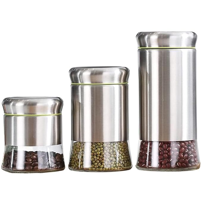 Gretzomall Stainless Steel Plated Glass Kitchen Canister Airtight Food Storage Jar Visible Window Seasoning Cereal Container Org