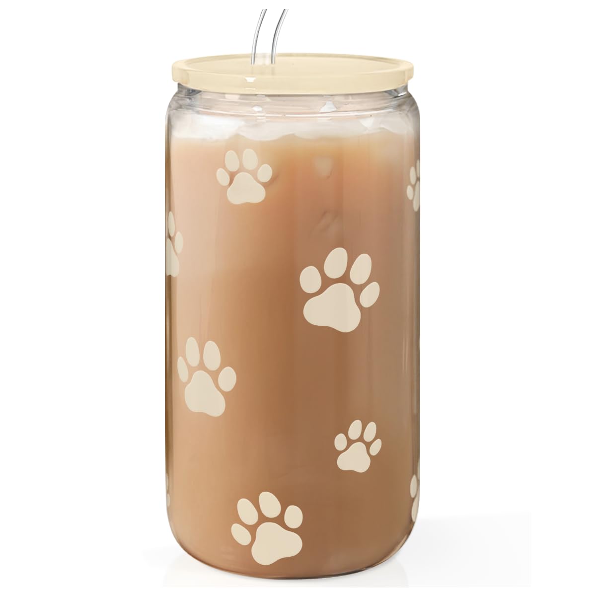 Paw Print 16oz Can Glass Tumbler with Acrylic Lid & Straw - Iced Coffee Cup for Women Cat Dog Mom, Aesthetic Cups Gifts for Birt