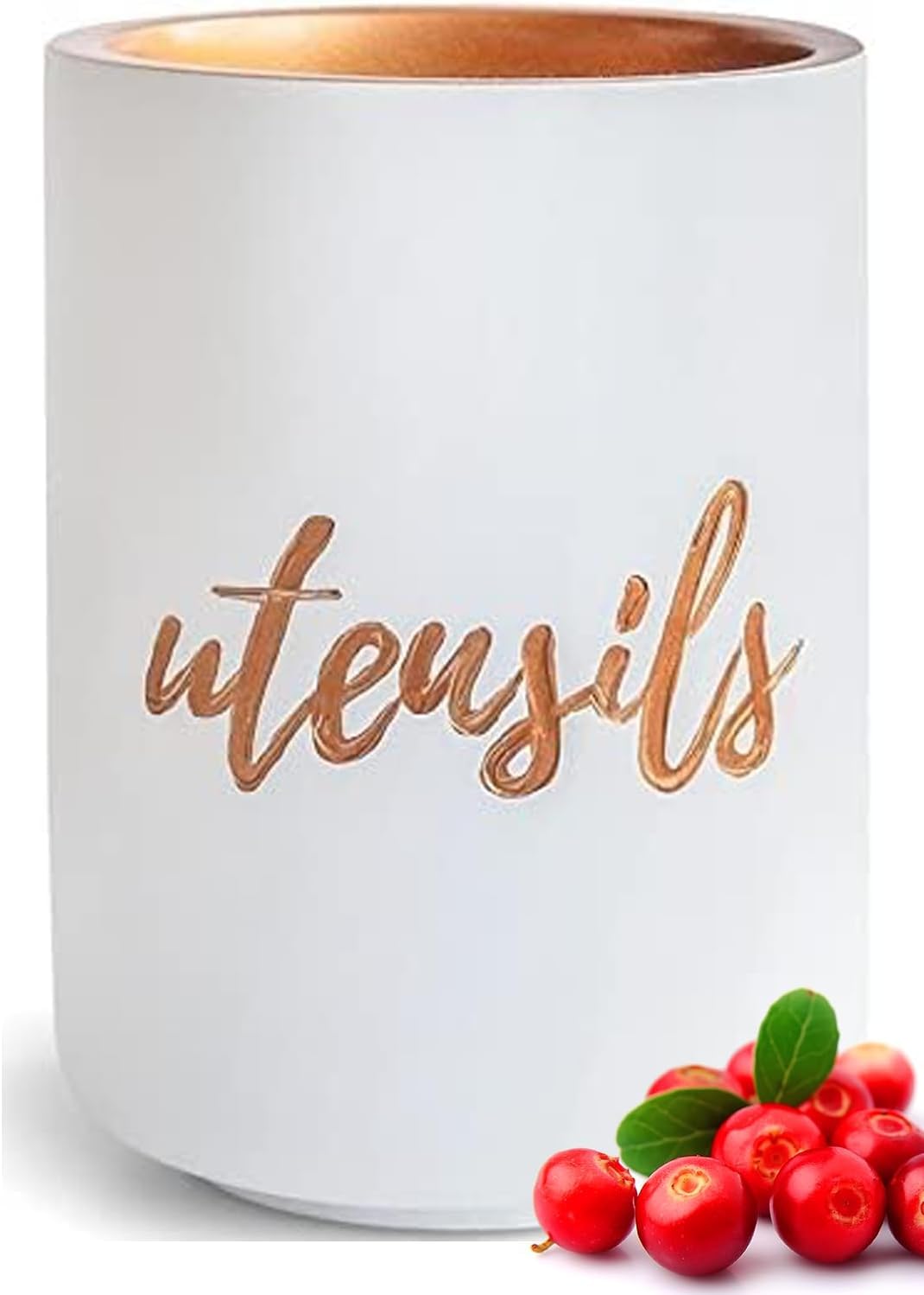 White Ceramic Utensil Holder With Interior Copper Finish - Stylish, Sturdy And Large Spatula Holder For Rose Gold Kitchen Access