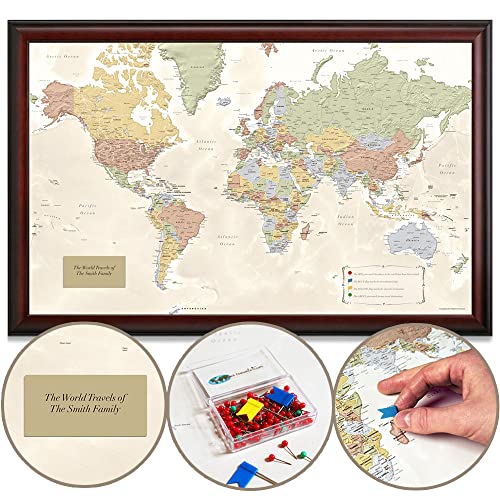 Map Your Travels Deluxe Push Pin World Map  Premium Wood Frame  Personalized Gift Map  Handmade In Minnesota  33'' X 21''