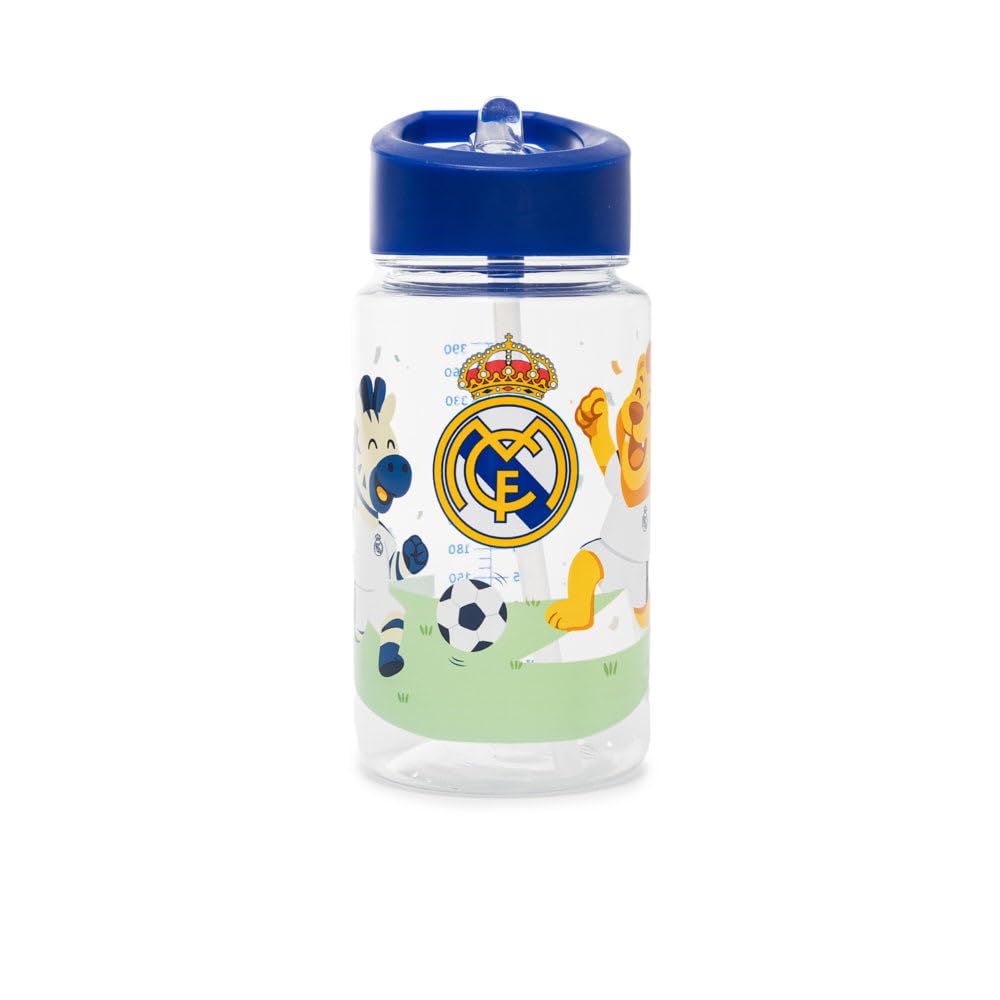 Miniland Real Madrid Water Bottle, 450ml, +3 Years, Made of Tritan, Featuring Funny Animal Soccer Players, Cute Design, Perfect 