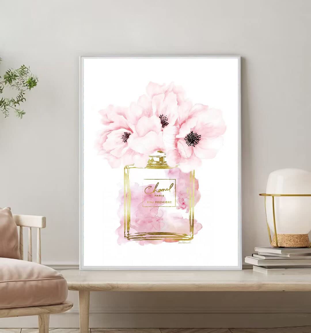 Canvas Wall Art Glam Perfume Chanel Pictures Wall Decor Pink Flowers And Gold Canvas Wall Art Girl Home Decor For Bedroom Wall B