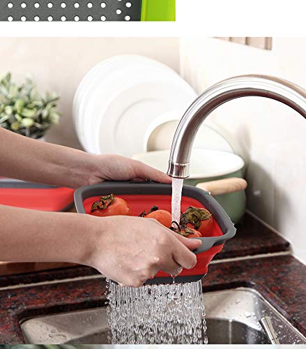 Square Collapsible Colander Set,2 Collapsible Colanders (Strainers) Set By Hdhyk - Includes 2 Folding Strainers (Red & Grey)