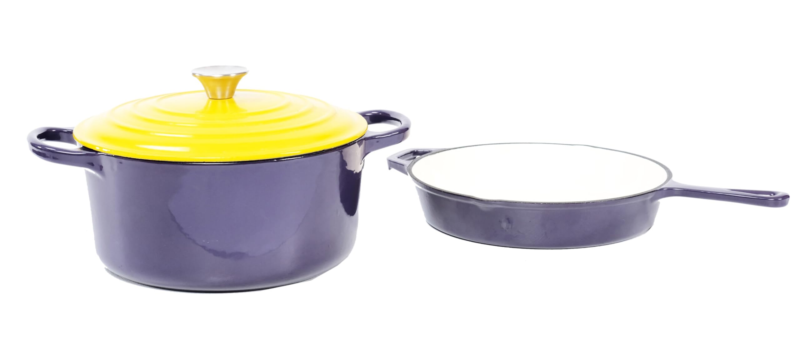 Geaux Cook 3 Piece Purple & Gold Enamel Coated Cast iron Cookware Set, 4 Qt Dutch Oven, 10 Skillet, Lid fits both Dutch Oven an