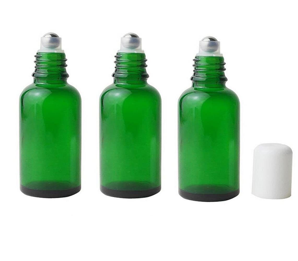 VASANA 3PCS 50ml Empty Refillable Green Glass Essential Oil Roll On Bottles Cosmetic Sample Packing Jars Pots with Metal Roller 