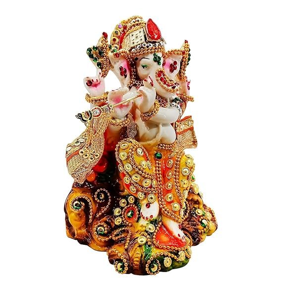 Ani Divine Dressed Ganesh Chowki (Marble Dust) 10 Inches Ganesha Idol Statue Ganpati Ji Murti Vinayaka Vighnharta Idol For Home
