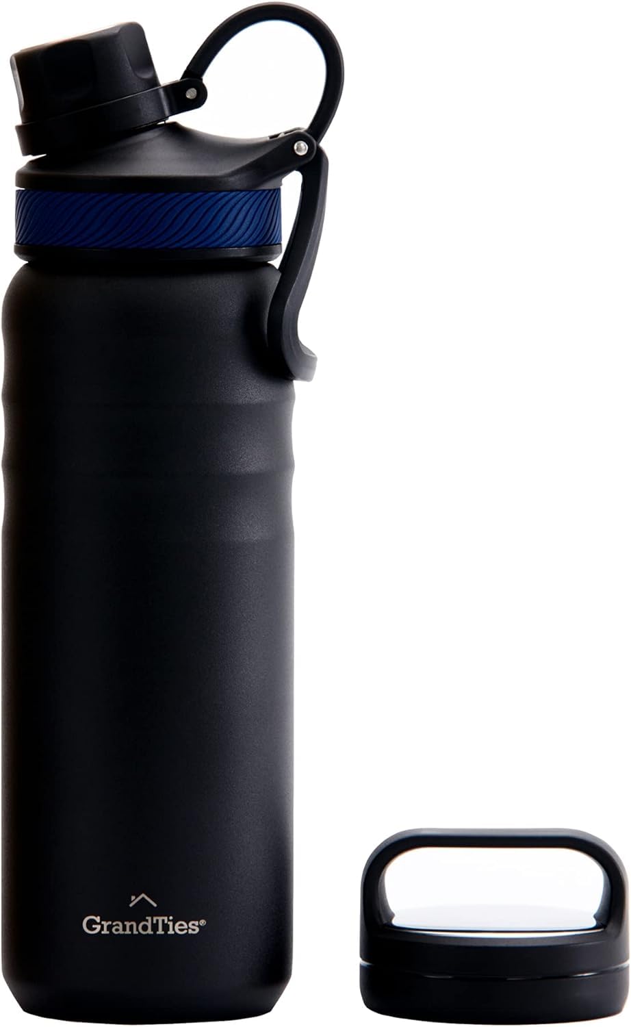 GrandTies 2 Lids Sports Stainless Steel Water Bottle- 24oz  Reusable Wide Mouth Vacuum Insulated Water Bottles  Travel Metal Canteen  Coldest Water bottle for Men and Women- Midnight Black