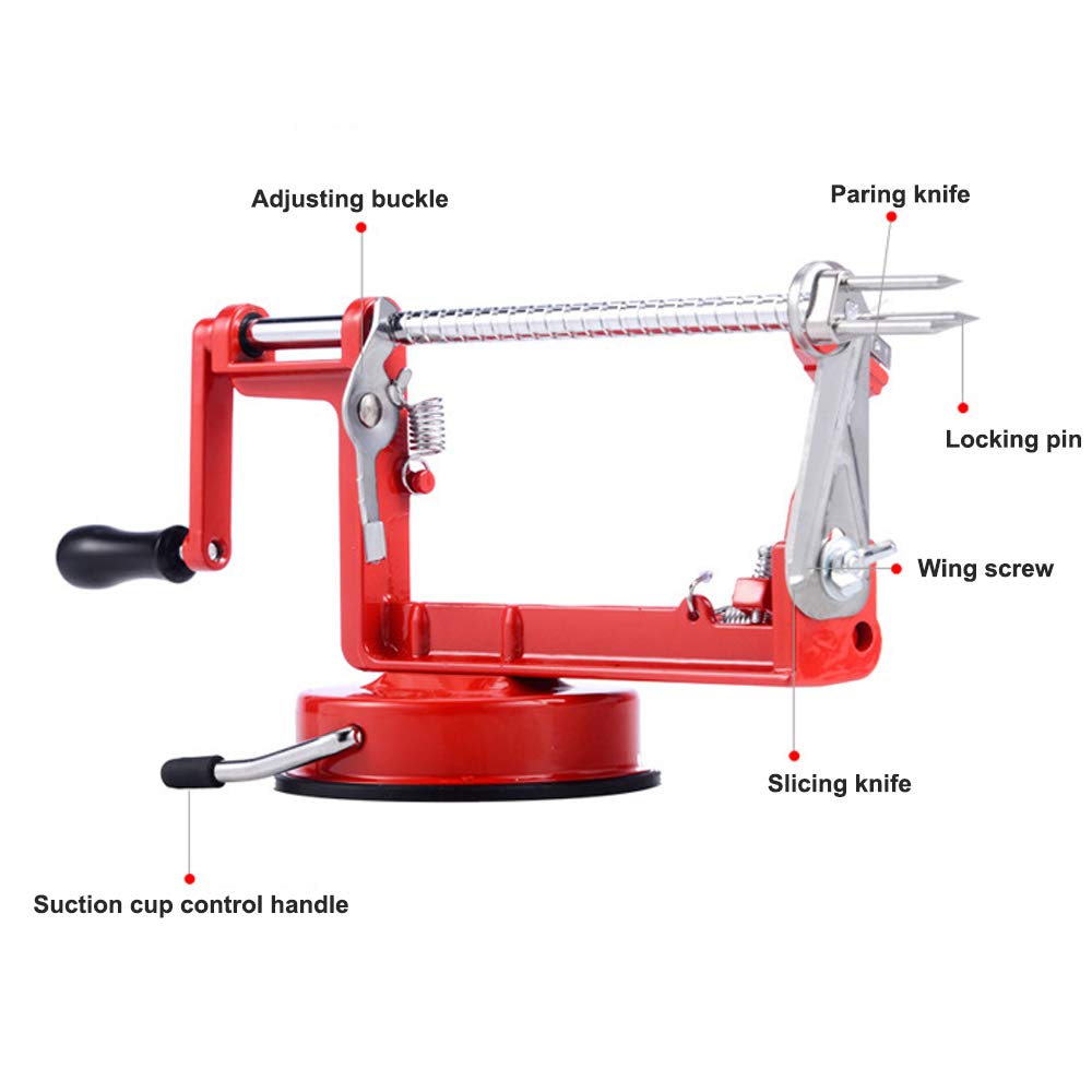 Apple Peeler  Stainless Steel Apple Corer Slicer Peeler  Durable Heavy Duty Die Cast Magnesium Alloy Apple Peeler Slicer Corer with Suction Base(vermilion)