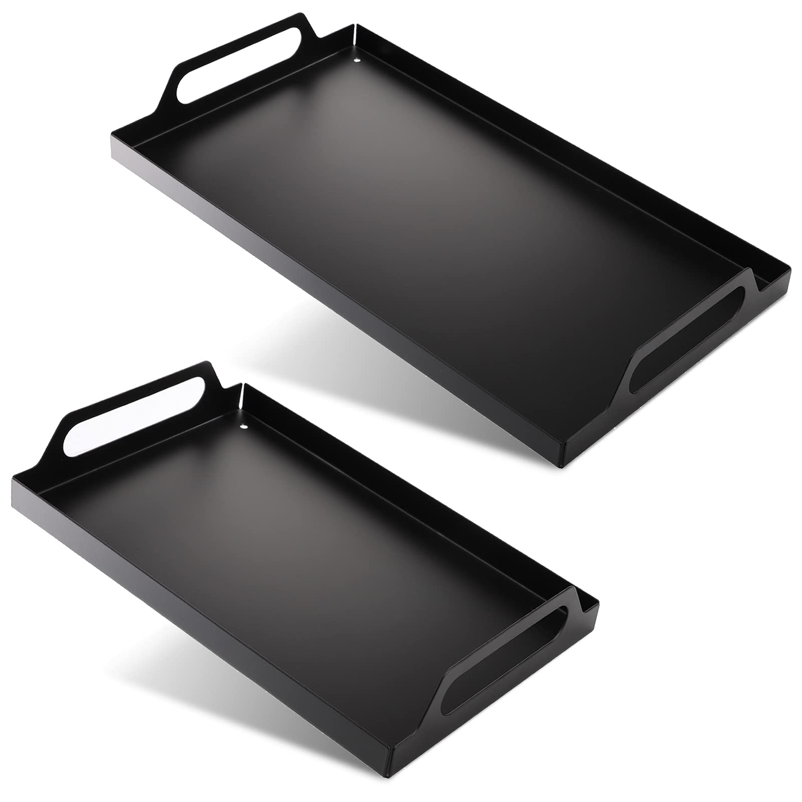 Peohud 2 Pack Black Metal Serving Tray, Decorative Coffee Table Tray With Handles, Vanity Platter Breakfast Tray For Eating, Sto
