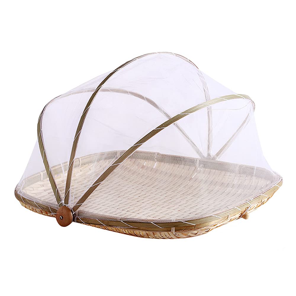 Food Bamboo Food Serving Tent Basket Hand-Woven Basket Serving Dustproof Picnic Basket Vegetable Fruits Bread Food Home Square F