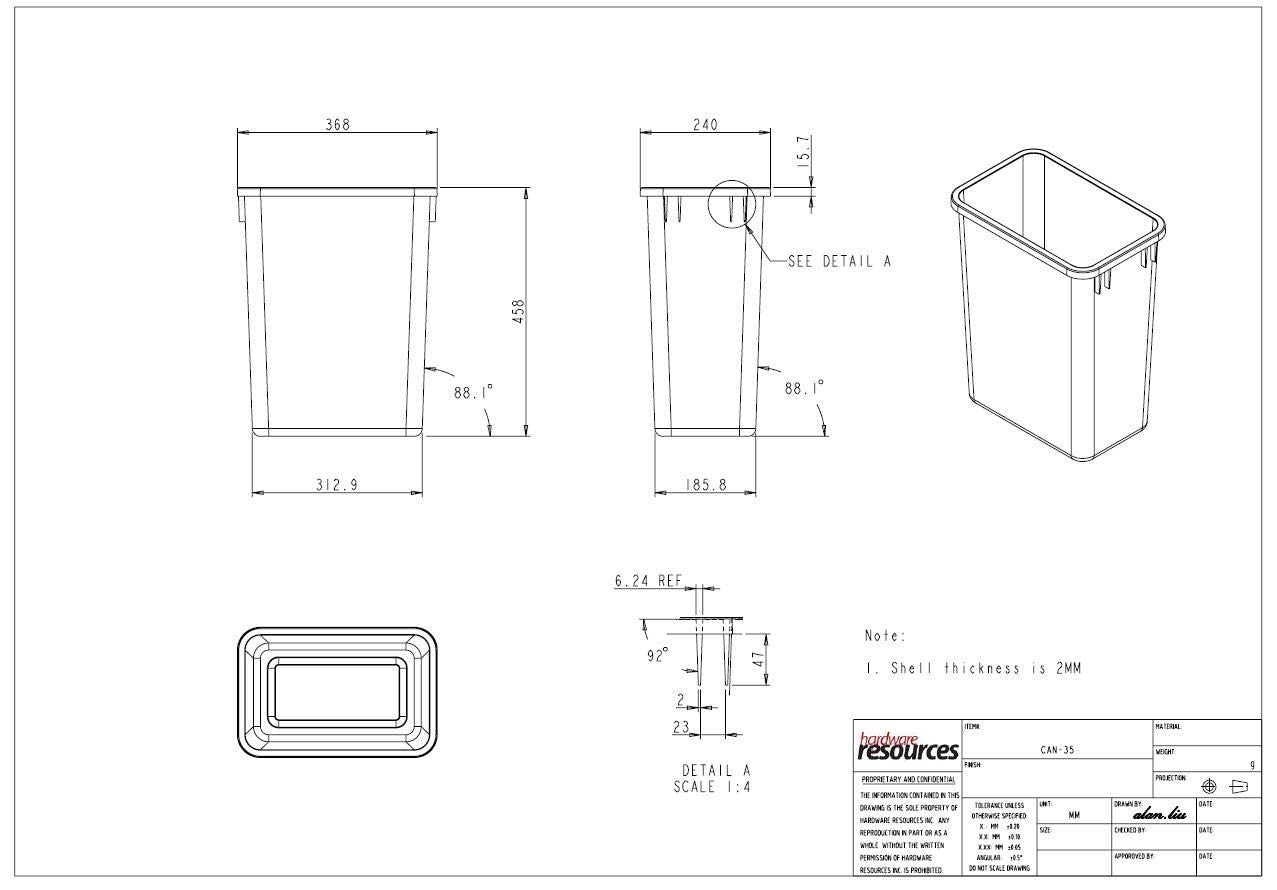 Hardware Resources Plastic Waste Container, 35 Quarts (Pack Of 1), Grey