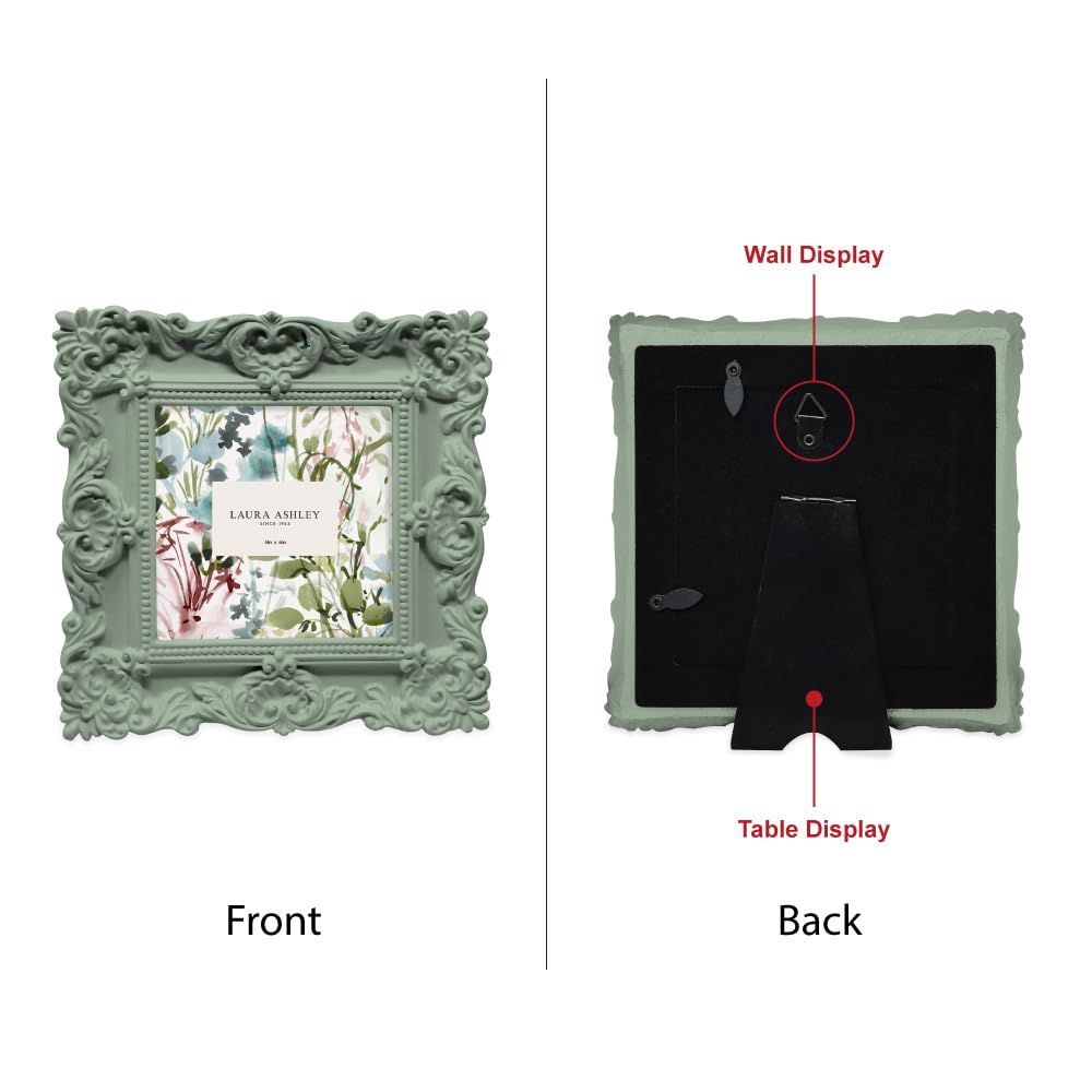 Laura Ashley 4x4 Matt Rosemary Ornate Textured Hand-Crafted Resin Picture Frame with Easel, for Tabletop & Wall Display, Decorat