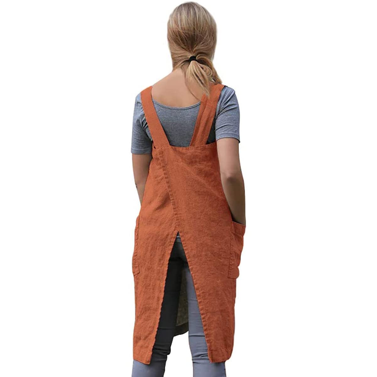 Women'S Cross Back Pinafore Apron With Large Pockets Home Kitchen, Restaurant, Coffee House,Cooking Gardening Works Orange-2Xl