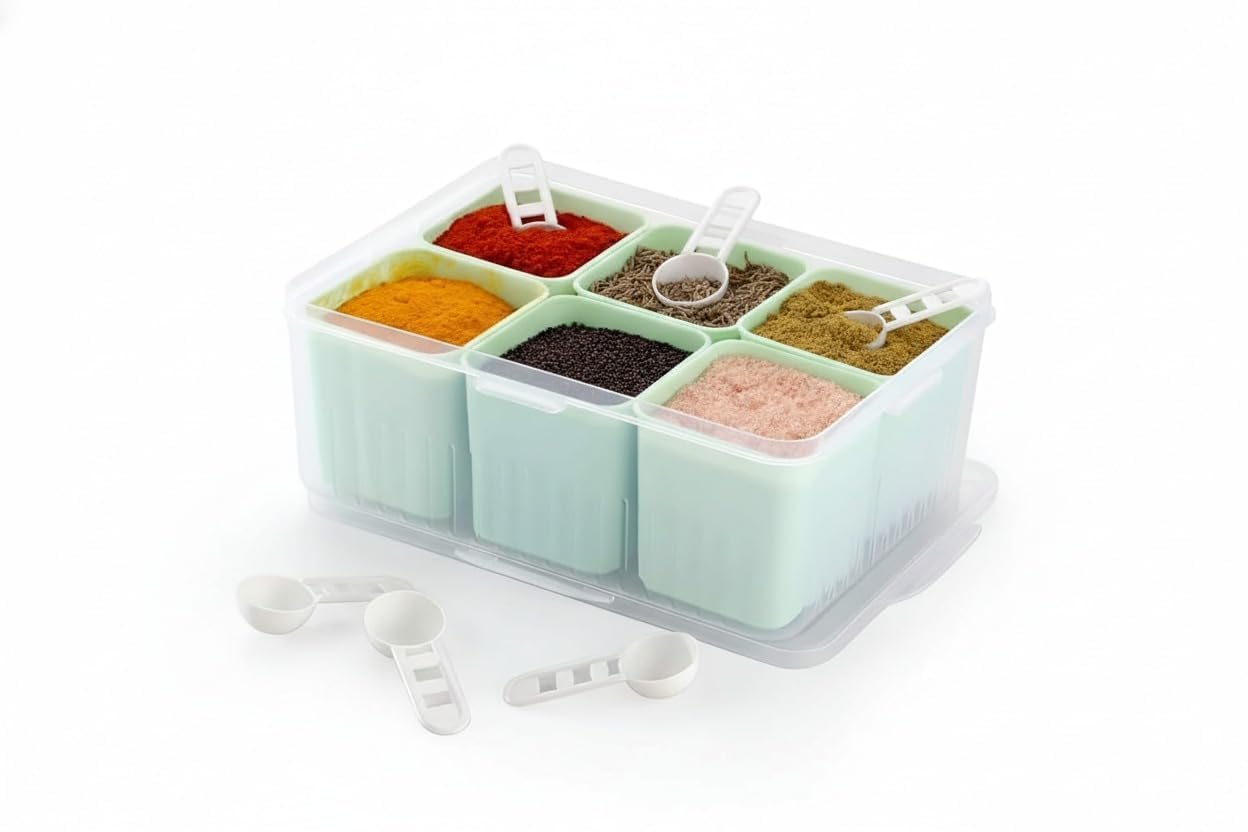 noviux 6Compartment Spice Storage Box with Measuring Spoons  Organized Kitchen Seasoning Container for Easy Access and Freshne