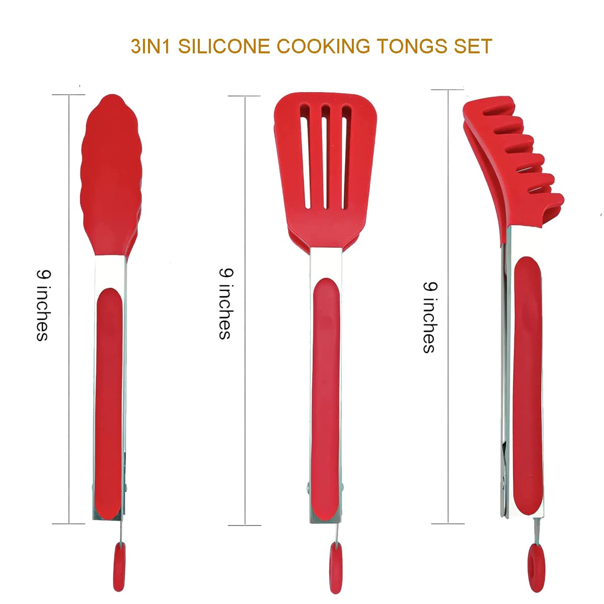 3In1 Silicone Kitchen Cooking Tongs Set, Stainless Steel Nonstick Food Tong With Bpa Free Silicone Tips For Serving Spaghetti St