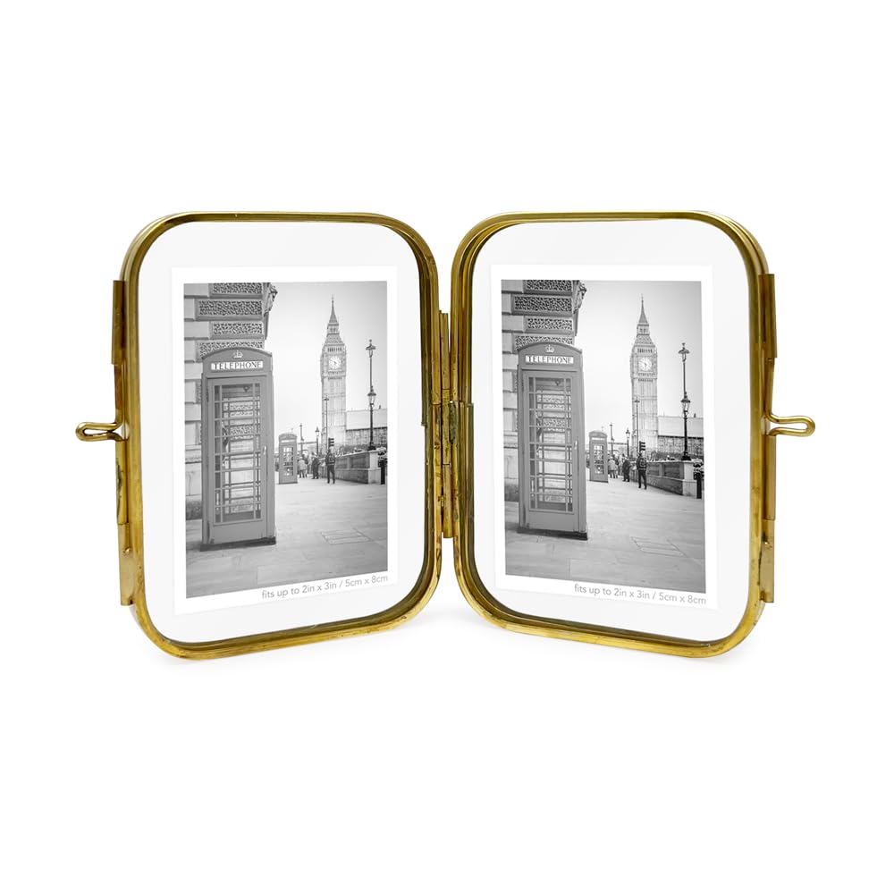 Isaac Jacobs 2x3 Vintage Style, Double-Sided Round-Edged Brass & Glass Metal Floating Picture Frame with Locket Closure (Vertica