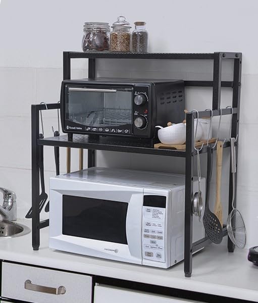 Livzing 2-Tier Metal Microwave Stand | Double Platform For Extra Storage With 8 Hooks | Multi-Purpose Rack For Microwave, Otg, O