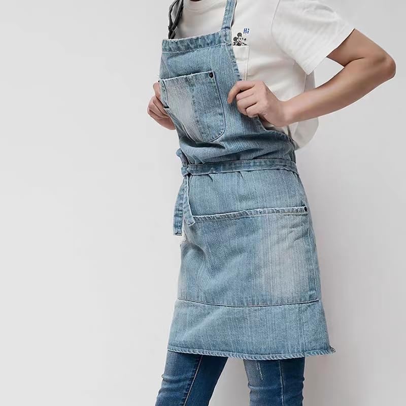 Jowcud Denim Apron With 5 Pockets For Cooking Kitchens,Hairstylist Aprons For Women Men,Adjustable Bib Jean Apron For Arts Garde