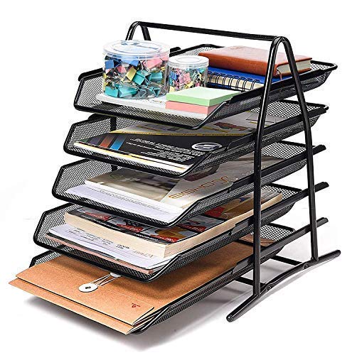 Soldtrue Countertop 5 Tier Mesh Metal Desk Organiser File Rack Letter Tray A4 Papers Documents Holder Desk Organizer For Office