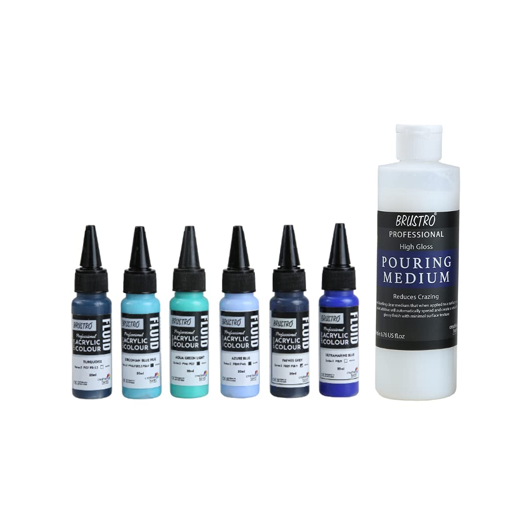 Brustro Professional Artists Fluid Acrylic 20 Ml Beyond The Blues Set Of 6 With Pouring Medium 200 Ml
