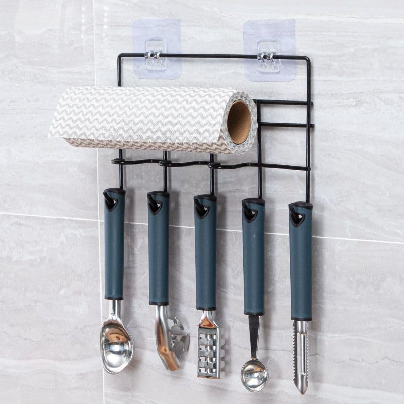 ZURATO Multipurpose Wall Mounted Towel, Tissue roll Holder for Kitchen and Bathroom with 5 Hooks Storage Organizer Rack for Clot