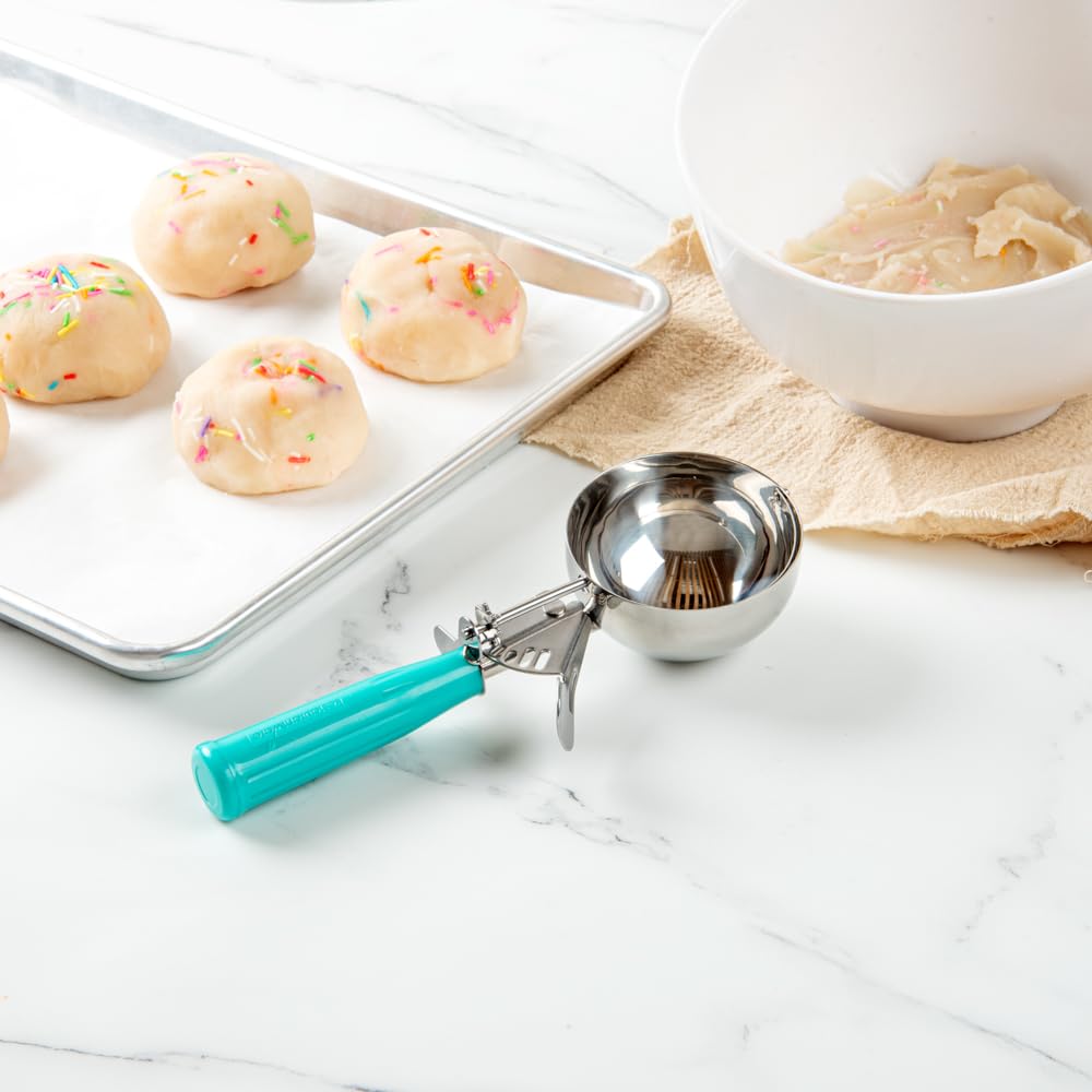 Restaurantware Met Lux 6 Ounce Portion Scoop 1 Durable Disher Scoop - Thumb Trigger Teal Stainless Steel Ice Cream Disher For Po
