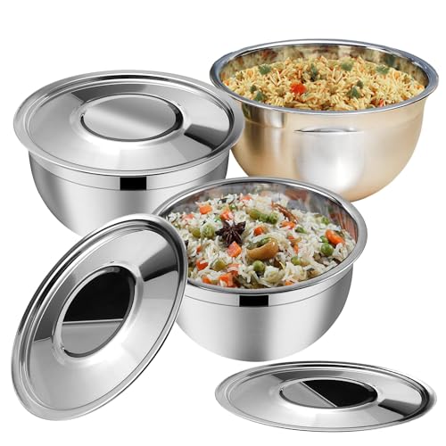 Kraft Stainless Steel Serving Bowl With Lid Set Of 3 Pcs  18Cm | Mixing Steel Big Bowl | Salad, Rice, Desert, Bowl Set | Matt F