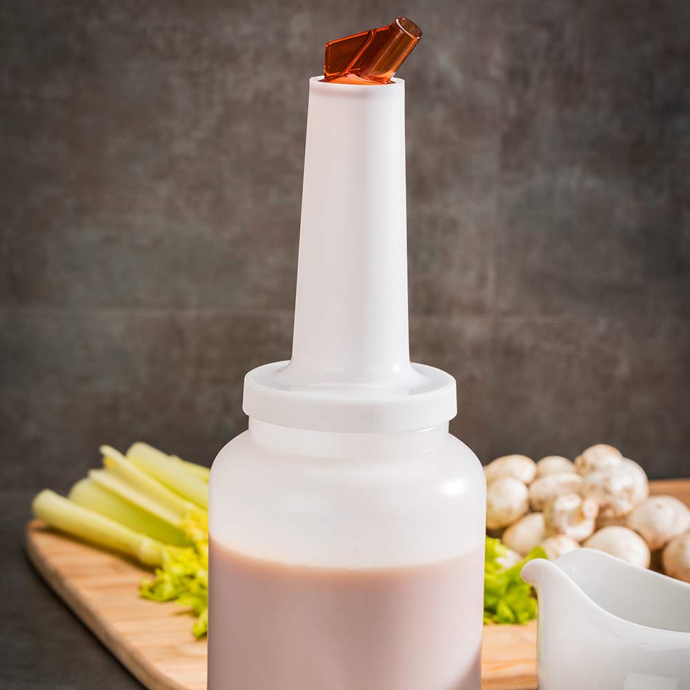 Restaurantware 2 Qt Plastic Quick Pour Storage Container Bottle - With Brown Spout And Lid - Bar Storage Bottle - 4 3/4'' X 4 3/