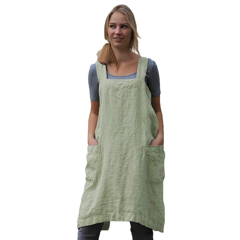 Women 'S Pinafore Square Apron Baking Cooking Gardening Works Cross Back Cotton/Linen Blend Dress With 2 Pockets Light Green-Xl