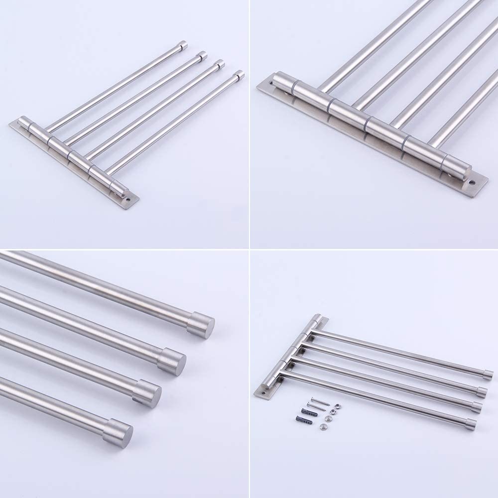 Kimzcn Swivel Towel Bar 4-Arm Bathroom Towel Holder Wall-Mounted Swing Out Towel Rack With Hooks Rustproof Brushed Finish