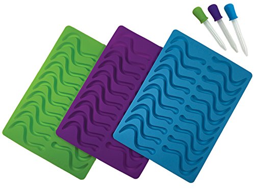Better Kitchen Products, 3 Piece, 20 Cavity Silicone Gummy Worm Molds With 3 Matching Droppers, Purple, Aqua And Lime
