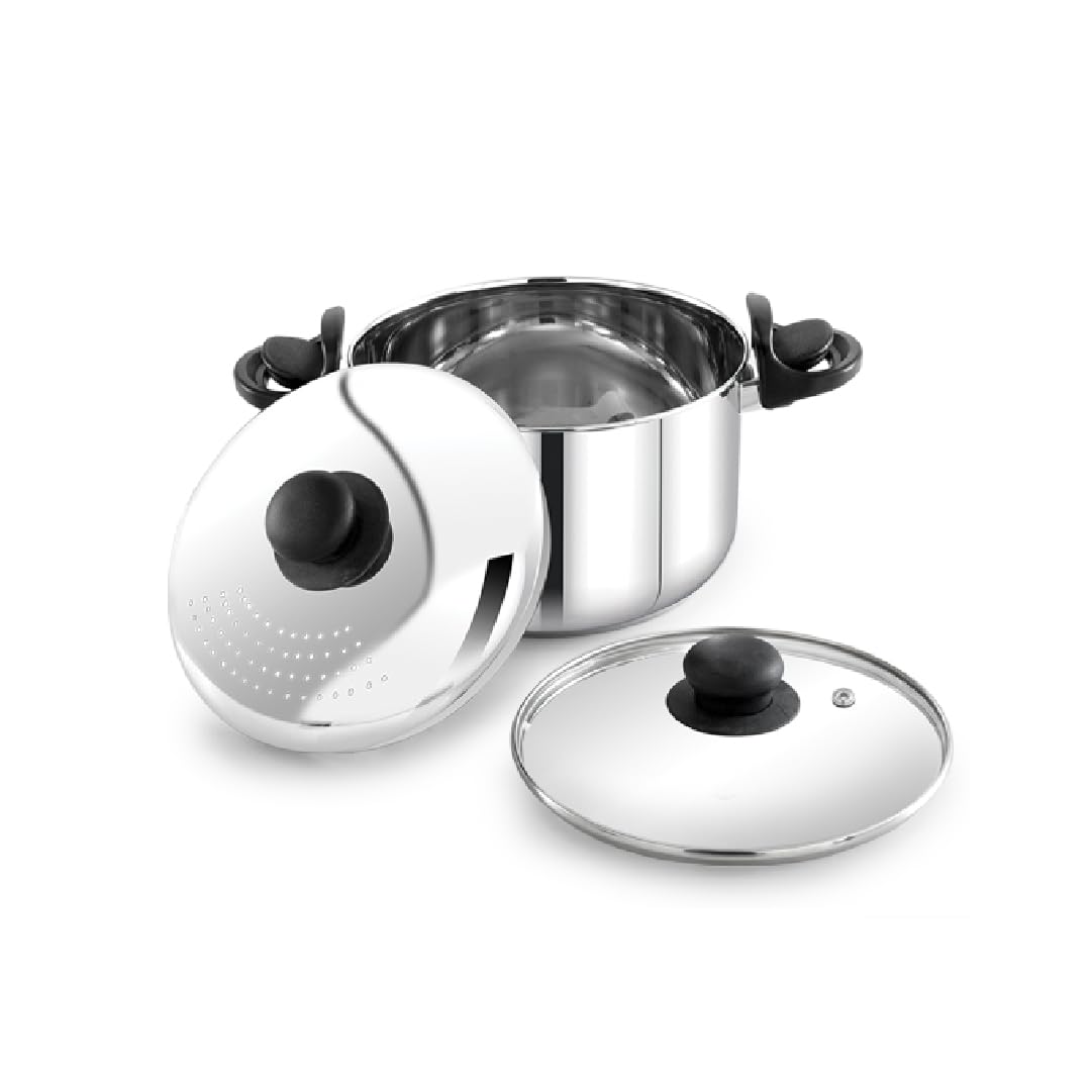 Praylady 5.0L Stainless Steel Strainer Pot With Glass Lid (24 Cm) - Induction Base Multi-Purpose Cooking Pot For Pasta, Rice, No