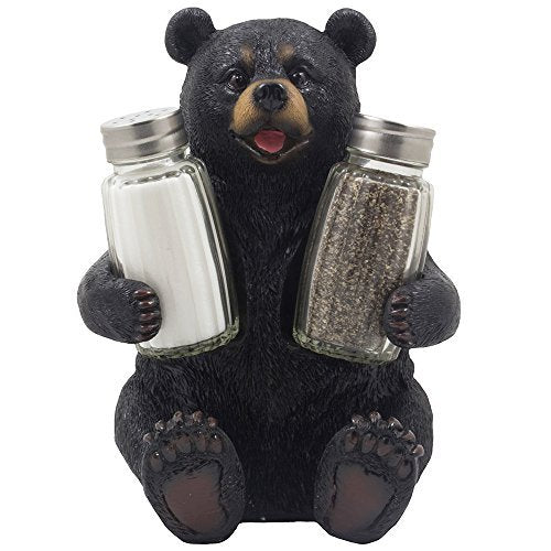 Decorative Black Bear Glass Salt And Pepper Shaker Set With Holder Figurine Sculpture For Rustic Lodge And Cabin Kitchen Table D