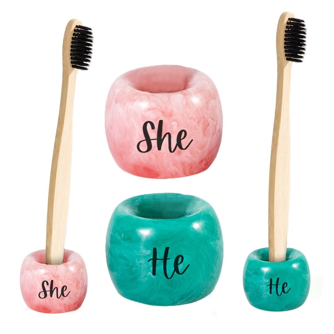 Folkulture Resin Toothbrush Holders | Set of 2 (2) Tooth Brush Holder for Bathrooms | Countertop Toothbrush Holders for Couples 