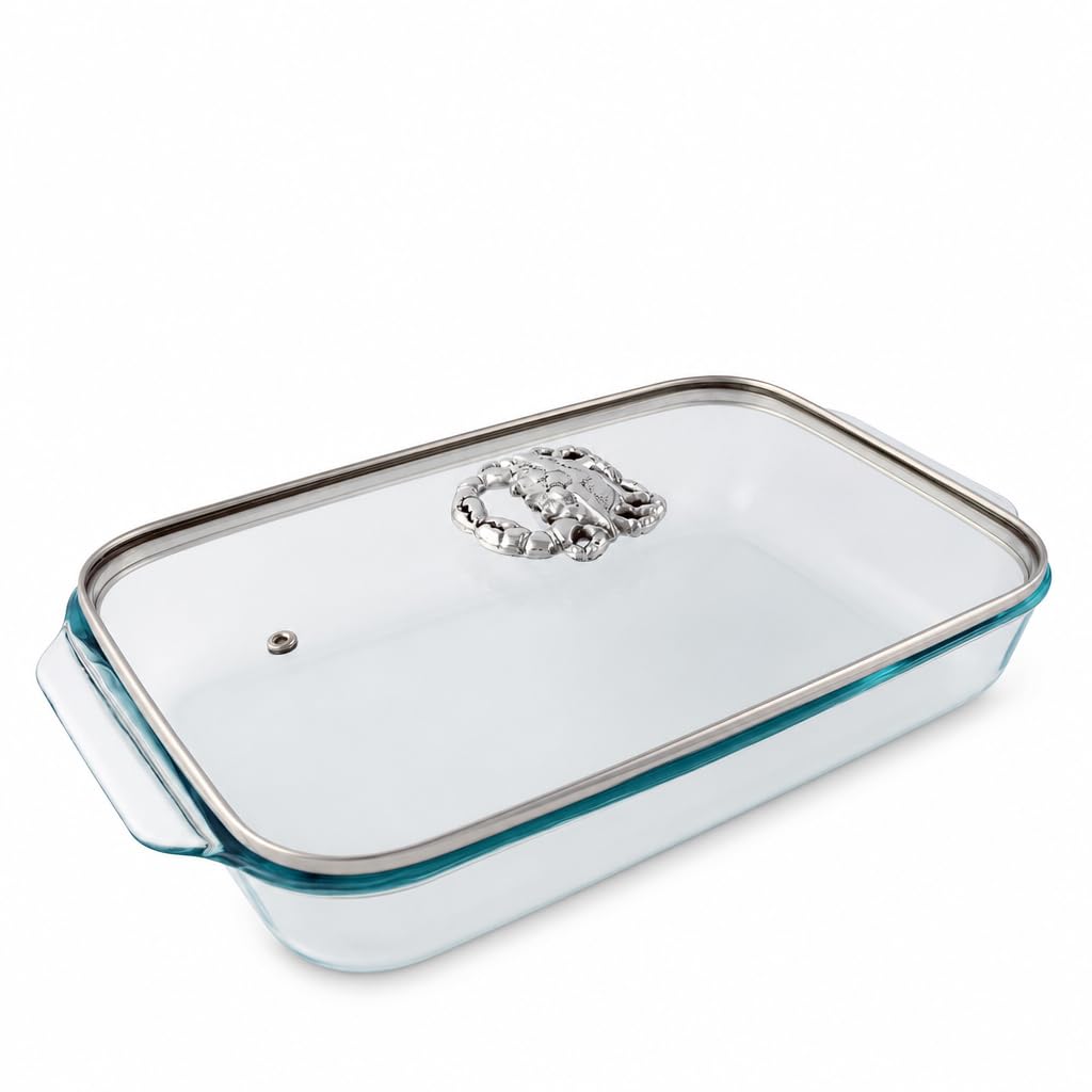 Arthur Court Glass Casserole Dish with Crab Handle  Coastal Style Baking Dish  3 Quart, 9.25 x 13.5 Inches  Perfect for Servi