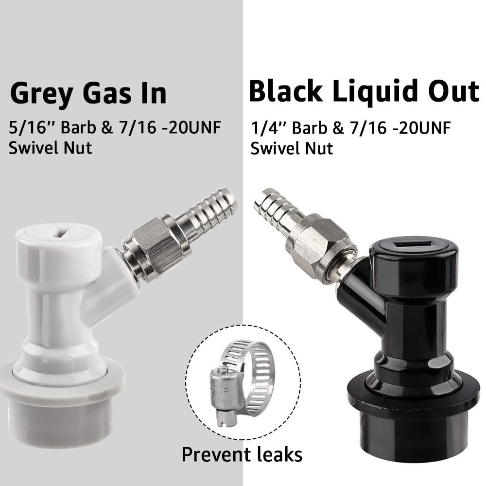 MRbrew 1 Pair Ball Lock Disconnect Set  Home Brew Ball Lock Corny Keg Fittings for Keg Posts Coupler  with Stainless Steel 5/16'' Gas & 1/4'' Liquid Barbs & Extra 2 Hose Clamps & MFL Swivel Nuts