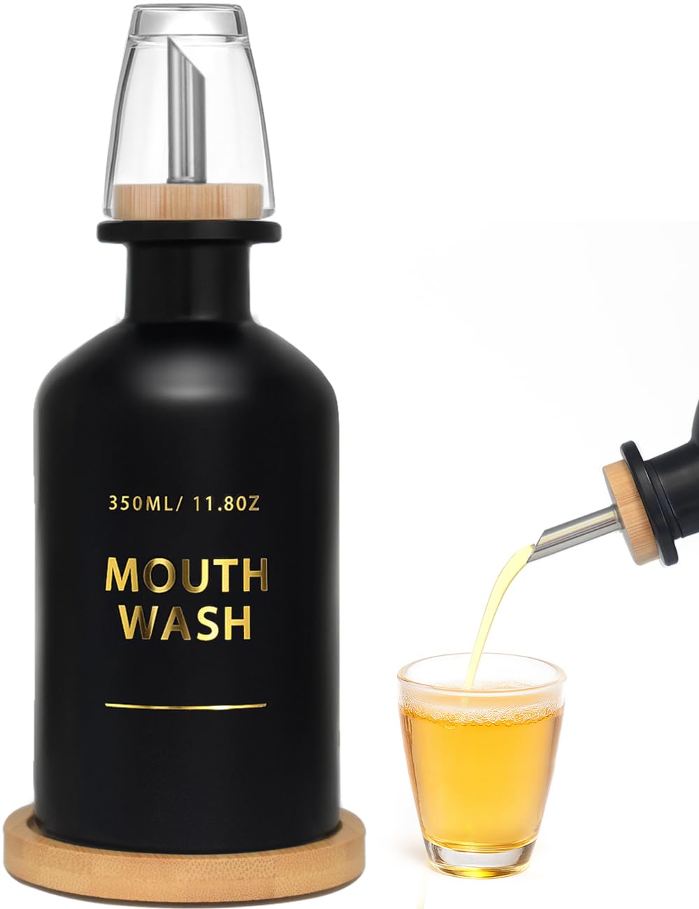 Mouthwash Dispenser for Bathroom 11.8oz - Glass Mouthwash Bottle with Cup & Bamboo Tray, Gold Hot-Stamped Lettering, Silicone Ba