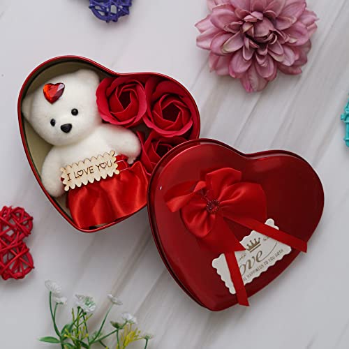 Ecraftindia Heart Shaped Valentines Day Gift Box With I Love You Message Teddy Bear 3 Red Roses| Valentine Gift For Girlfriend B