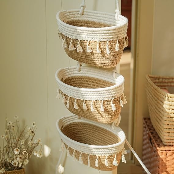 Sanwalsa [Pack Of10X3X5 Inch, Oval, White & Beige] Handwoven 3Tier Jute Cotton Basket | EcoFriendly Hanging Storage Organizer